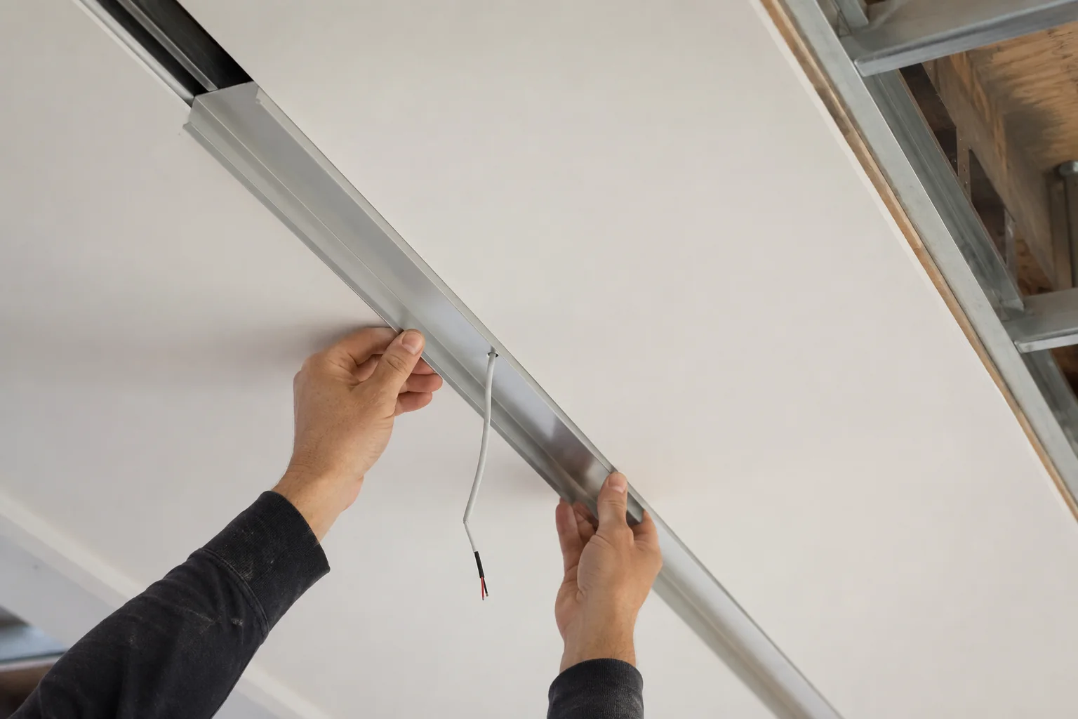 Lắp thanh nhôm LED âm trần vào rãnh thạch cao