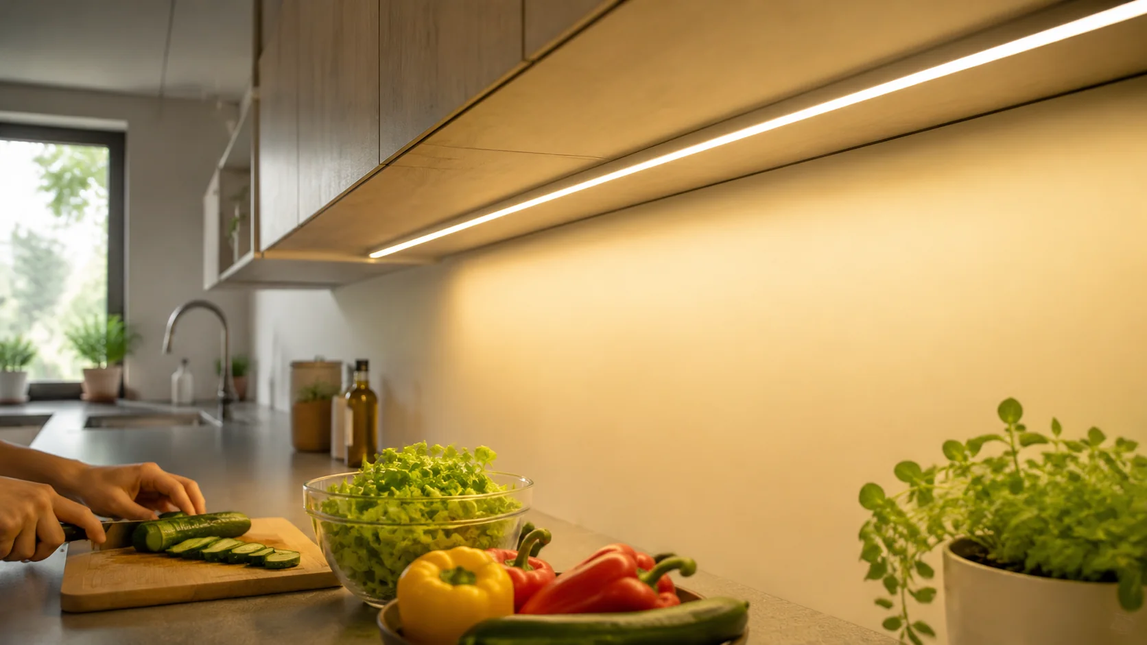Thanh nhôm LED âm dưới tủ bếp chiếu sáng mặt bàn sơ chế cách xa chậu rửa