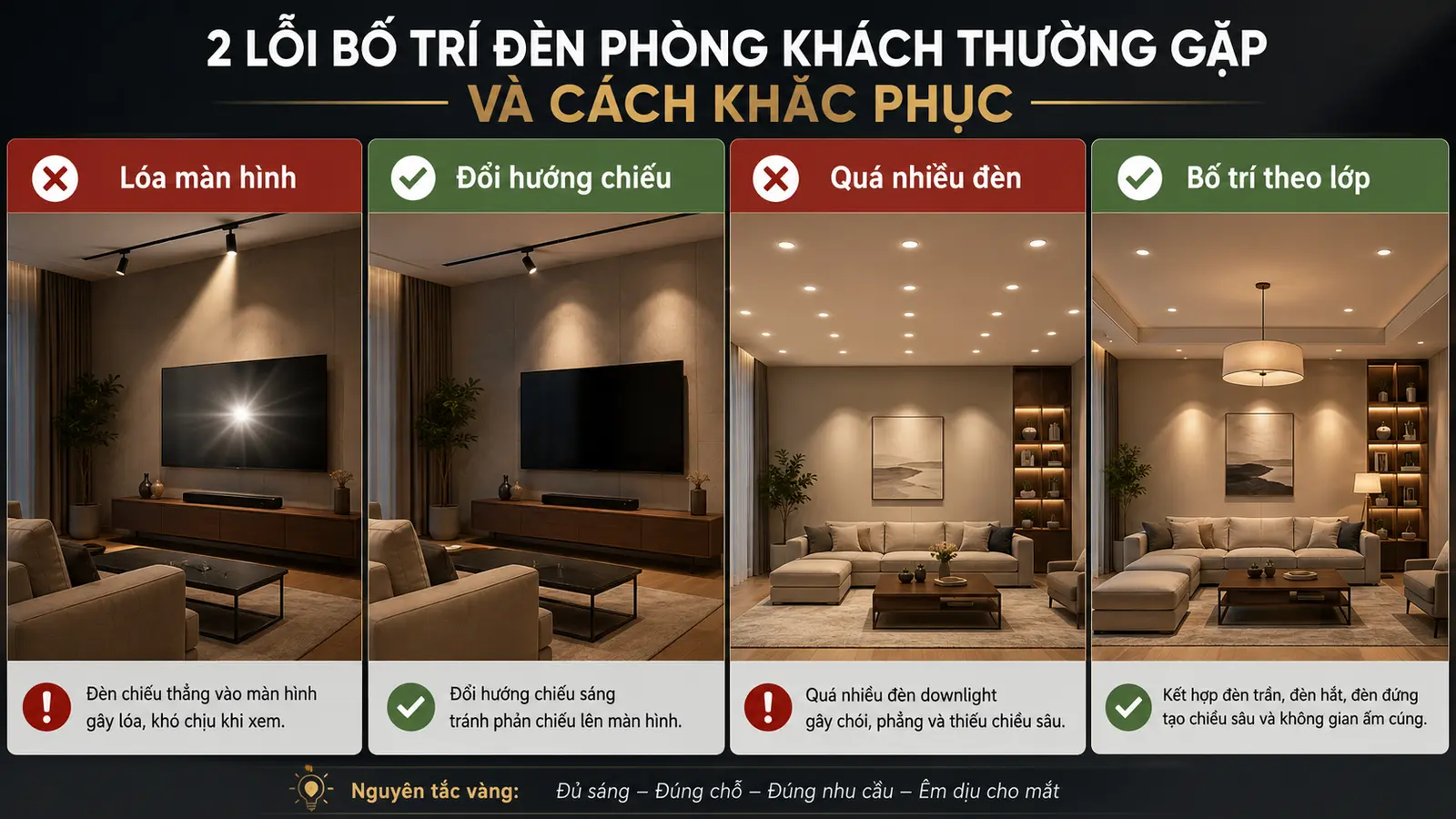 Minh họa lỗi đèn chiếu vào TV và downlight quá dày