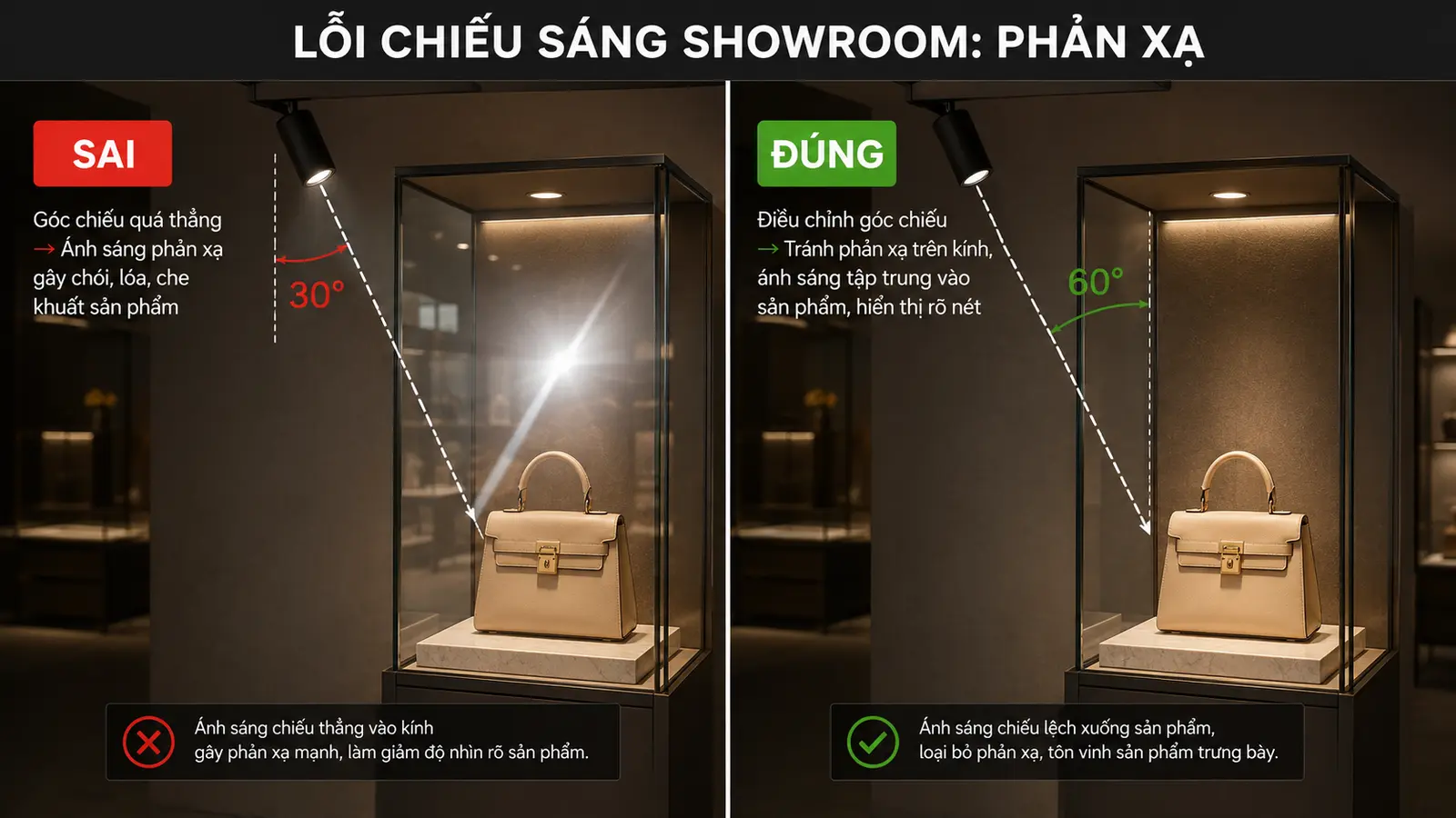 Spotlight phản chiếu trên kính và bề mặt bóng