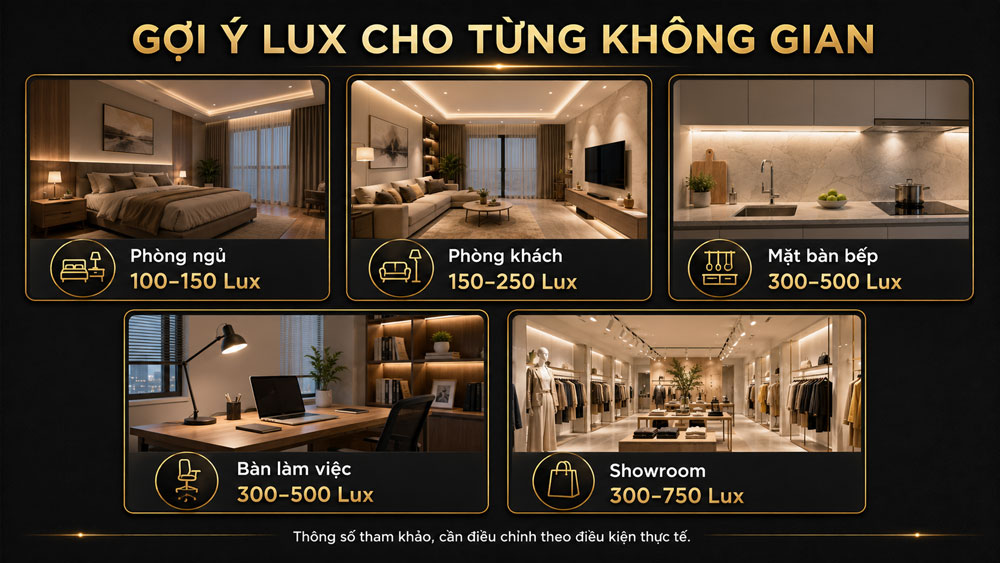 Mức Lux phù hợp cho từng không gian sử dụng