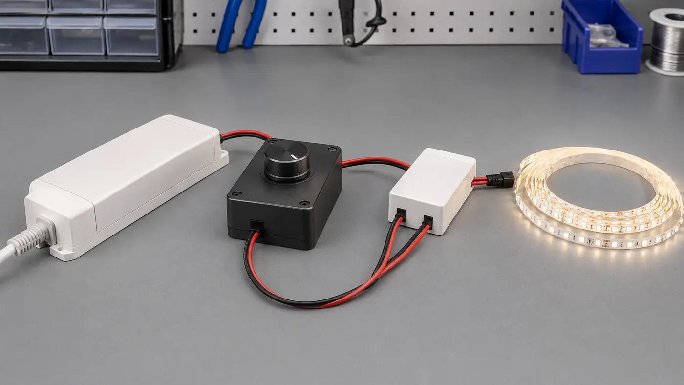Nguồn DC, dimmer, bộ khuếch đại và LED dây một màu