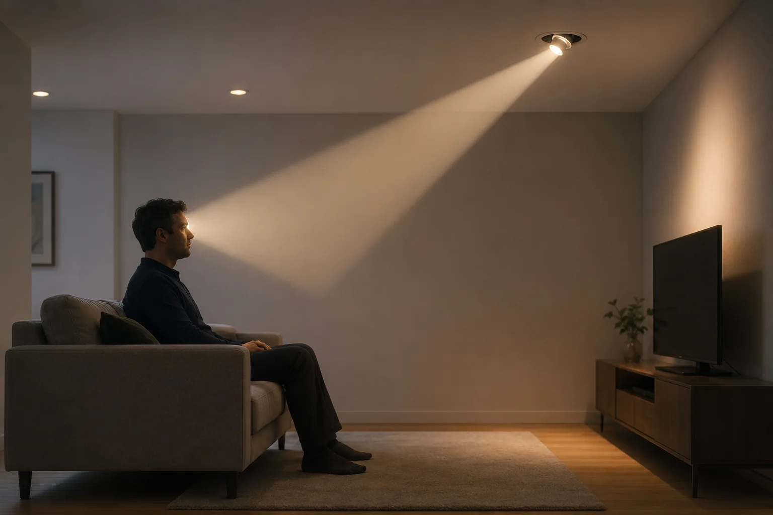 Đèn âm trần chiếu điểm chỉnh sai hướng làm ánh sáng chiếu vào mắt người ngồi sofa