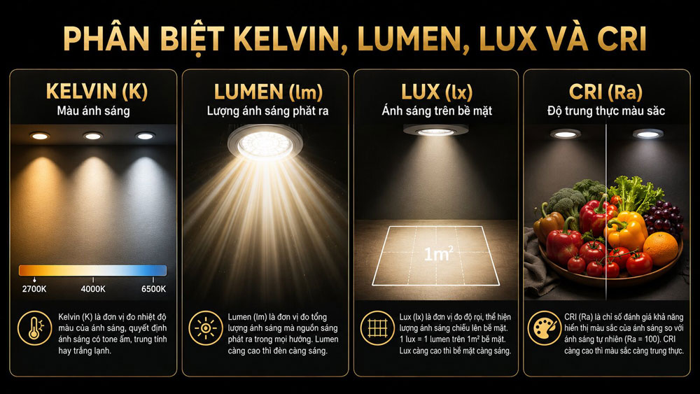 Phân biệt Kelvin Lumen Lux và CRI khi chọn đèn LED