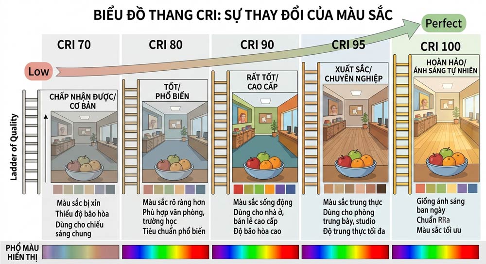 Phân loại chỉ số CRI của đèn LED theo từng mức