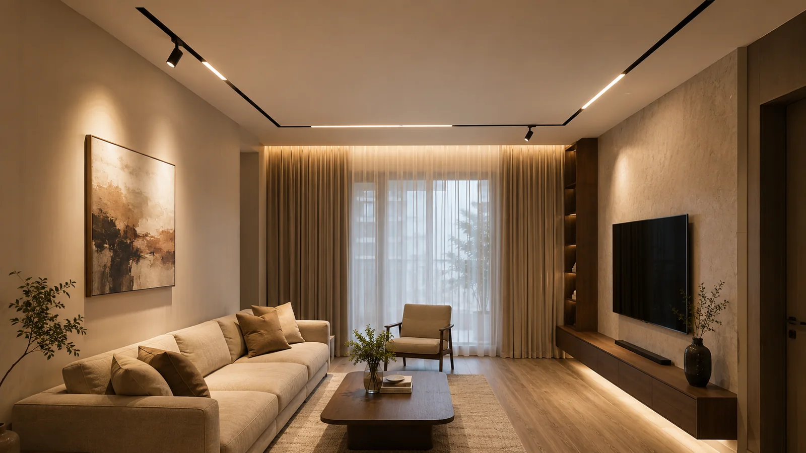 Phối ba loại đèn ray nam châm cho phòng khách 20 đến 25 mét vuông