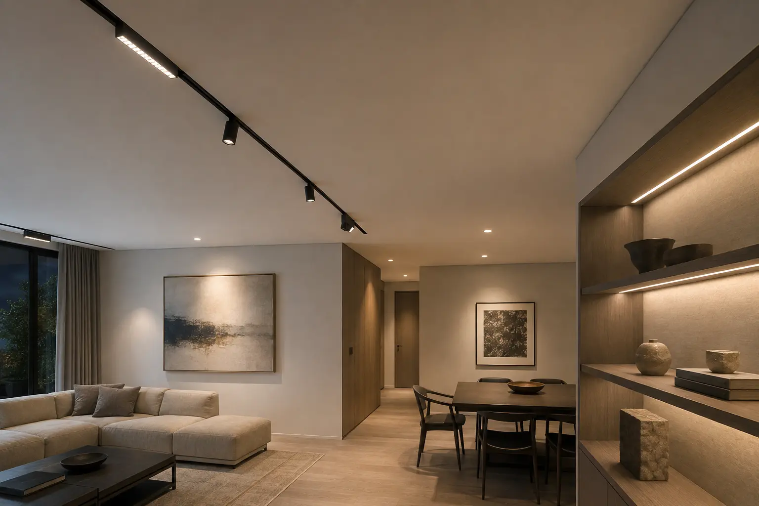 Phối ray nam châm với đèn âm trần và LED tuyến tính trong phòng khách bàn ăn