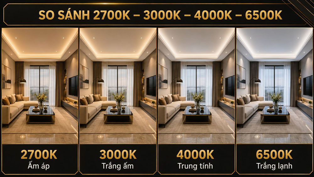 So sánh ánh sáng 2700K 3000K 4000K và 6500K