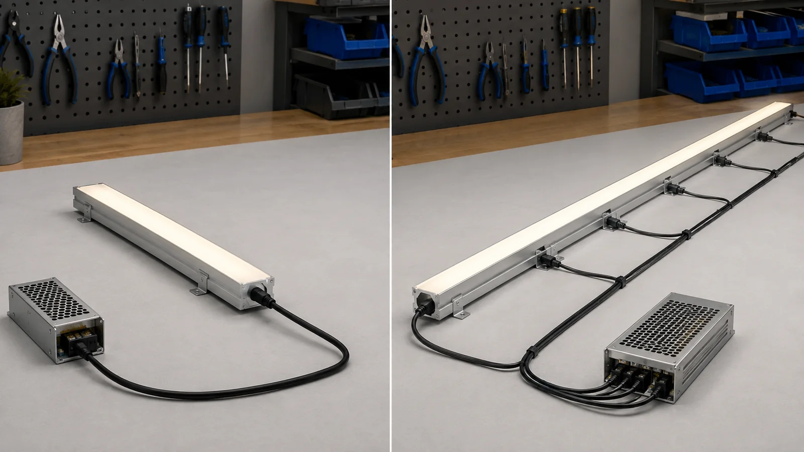 So sánh cách cấp nguồn cho đoạn LED dây ngắn và đường LED dài trong thanh nhôm