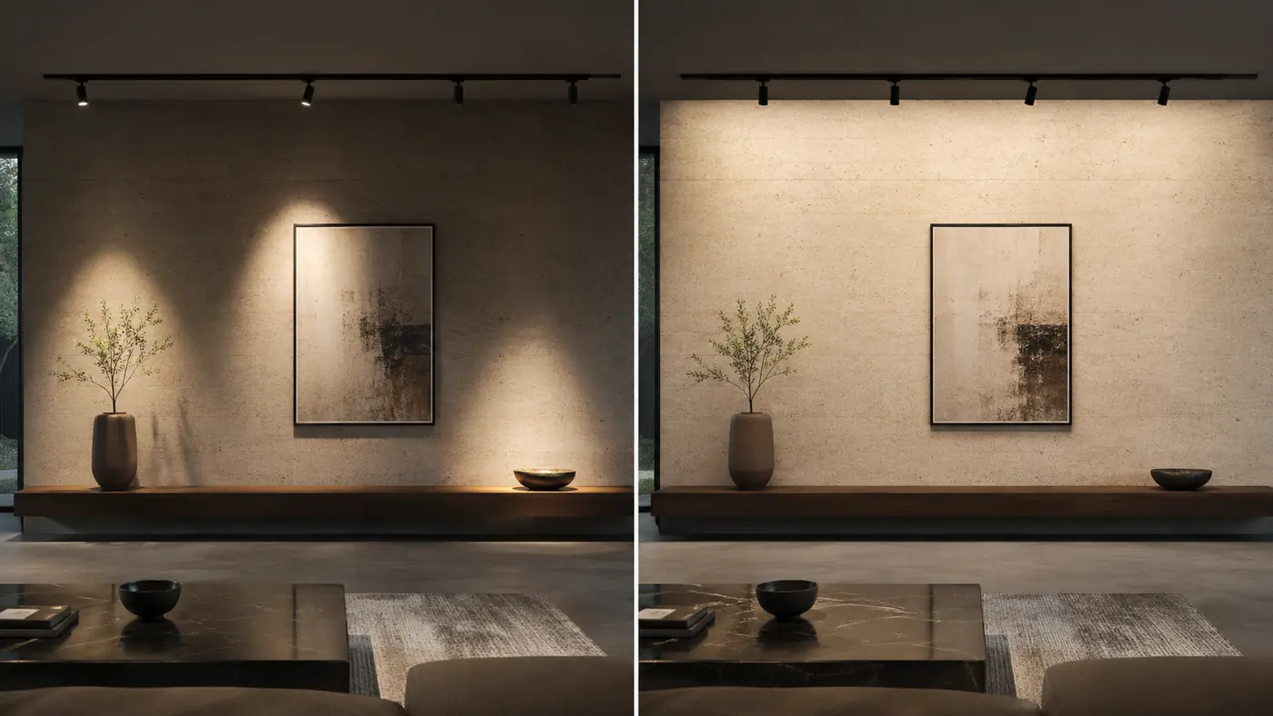 So sánh đèn rọi ray chiếu điểm và chiếu rửa tường wallwash