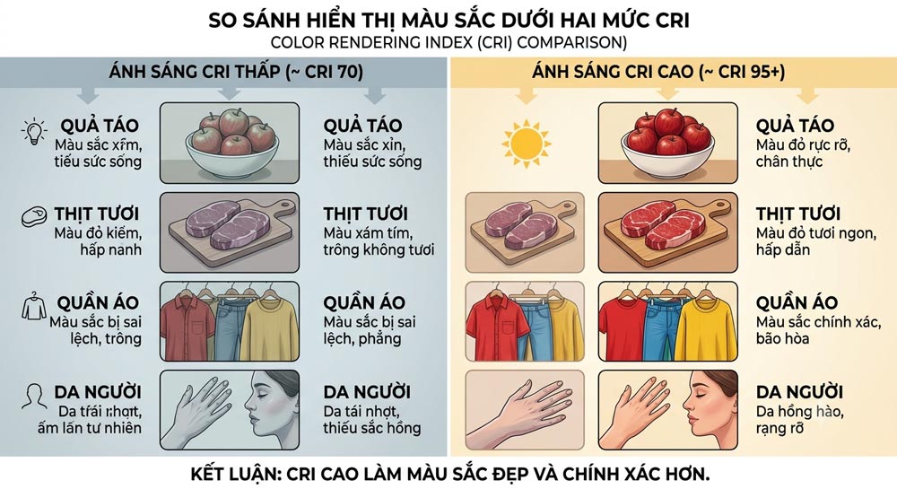 So sánh khả năng hoàn màu của ánh sáng CRI 70 và CRI 90