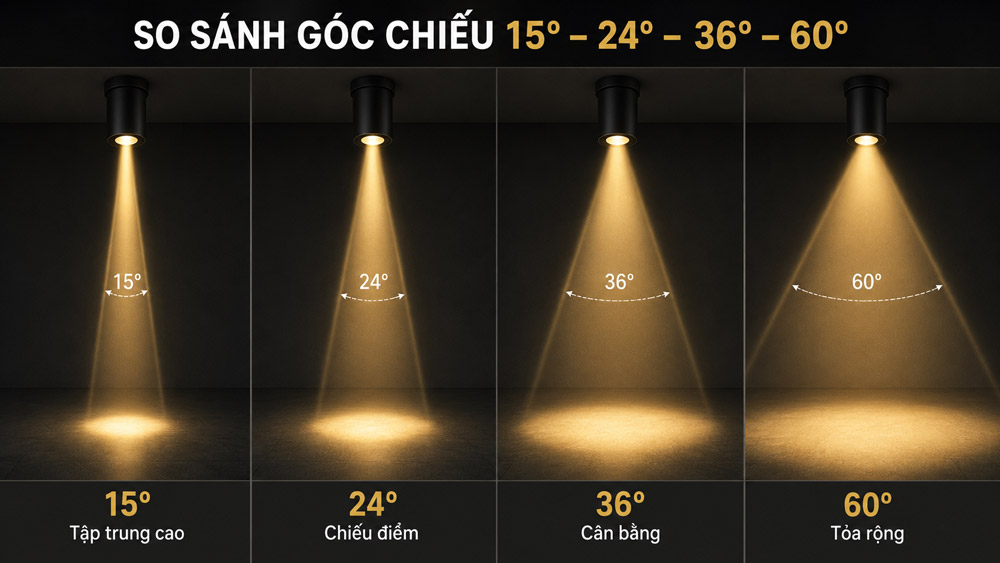 So sánh góc chiếu đèn LED 15 24 36 và 60 độ