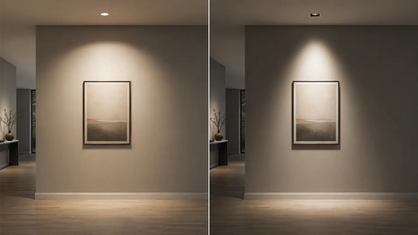So sánh vùng sáng rộng của downlight và chùm sáng hẹp của spotlight âm trần