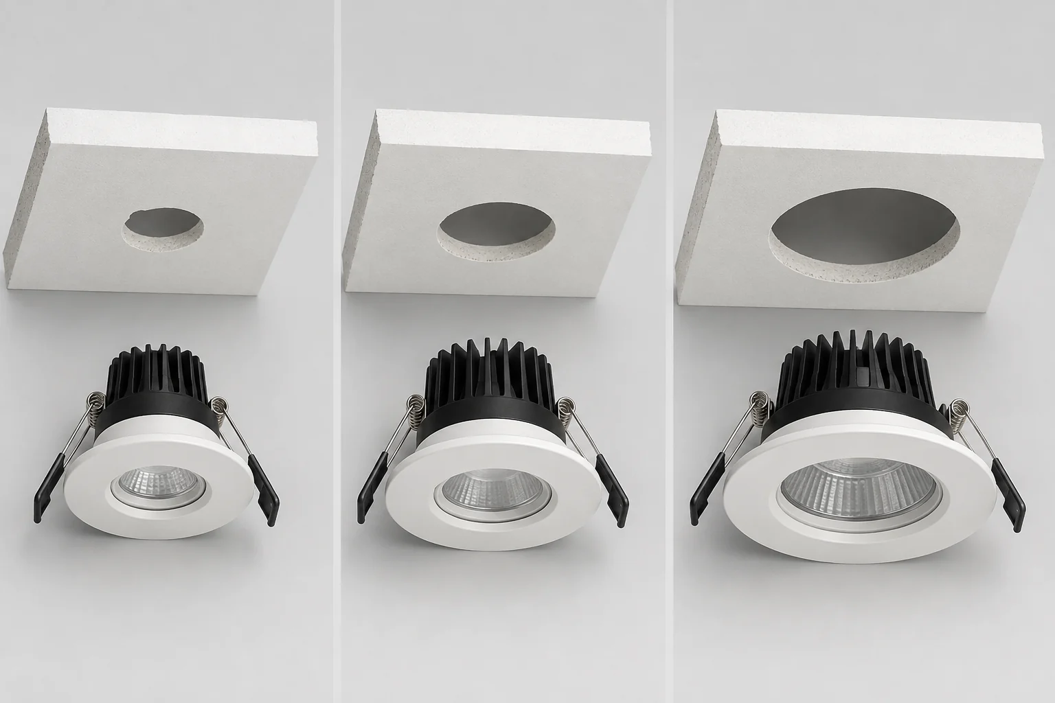 So sánh lỗ khoét đèn âm trần 55 mm, 75 mm và 90 mm