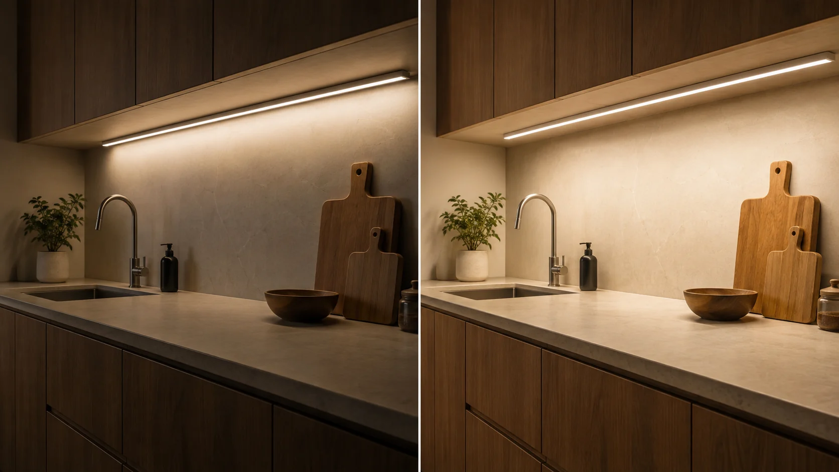 So sánh LED lắp sát tường làm mặt bàn tối và LED đặt hợp lý giúp bàn bếp sáng đều