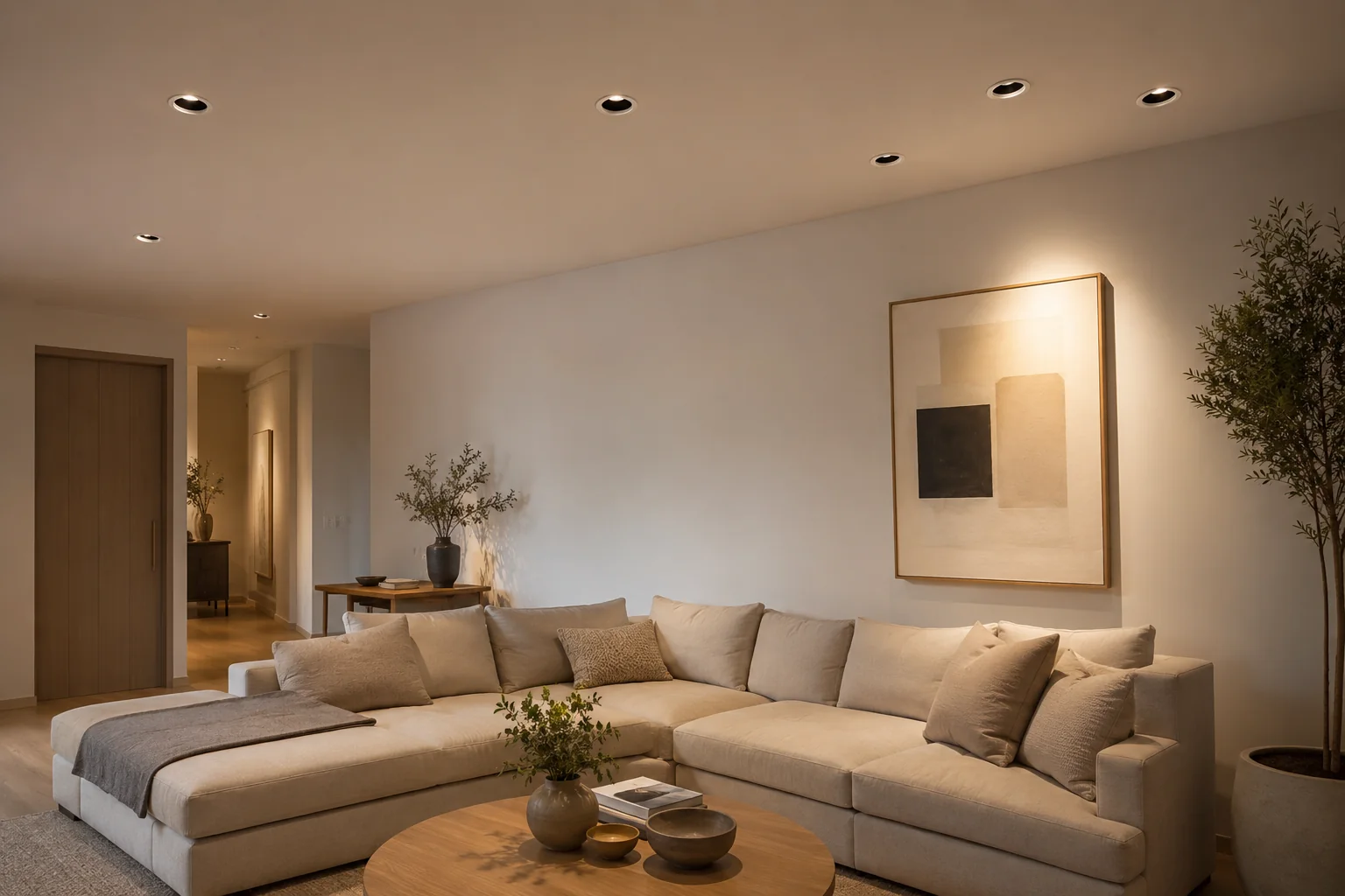 Đèn âm trần chiếu điểm chỉnh hướng rọi tranh, không chiếu trực tiếp vào sofa