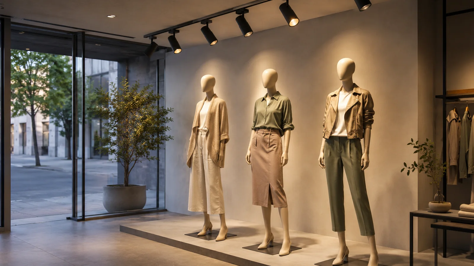 Spotlight chiếu chéo ba mannequin tại cửa kính showroom thời trang