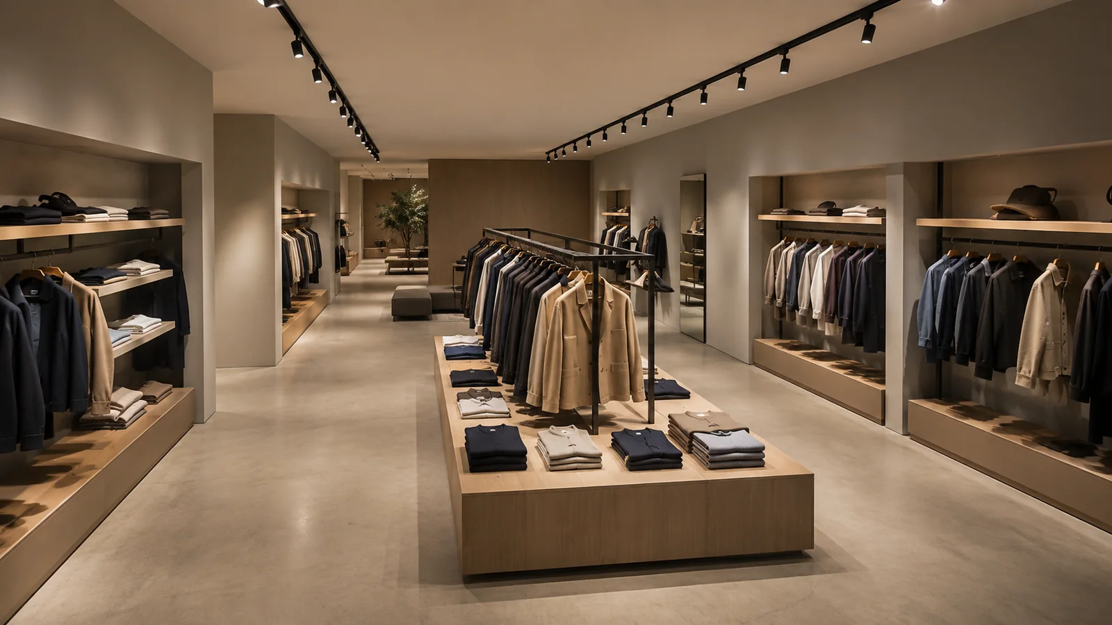 Hai tuyến spotlight chiếu cân bằng đảo trưng bày giữa showroom thời trang