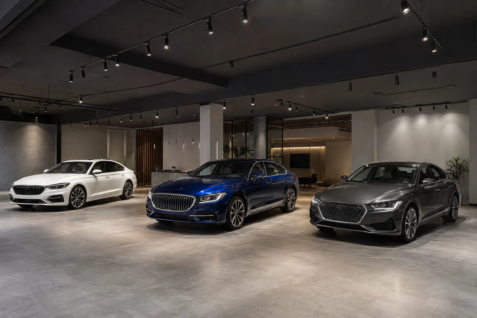 Hệ spotlight ray chiếu sáng ba mẫu xe trong showroom ô tô hiện đại.