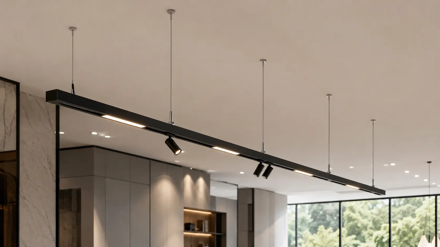 Thanh ray nam châm thả trần bằng dây cáp trong showroom hiện đại