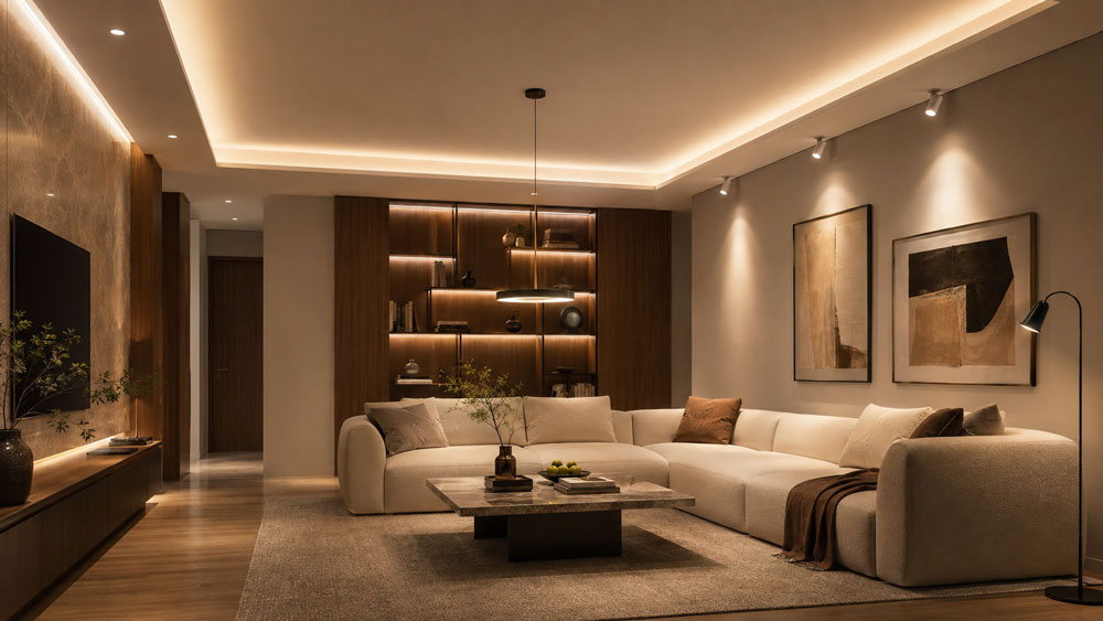 Thiết kế ánh sáng phòng khách hiện đại với đèn LED hắt trần, downlight và spotlight