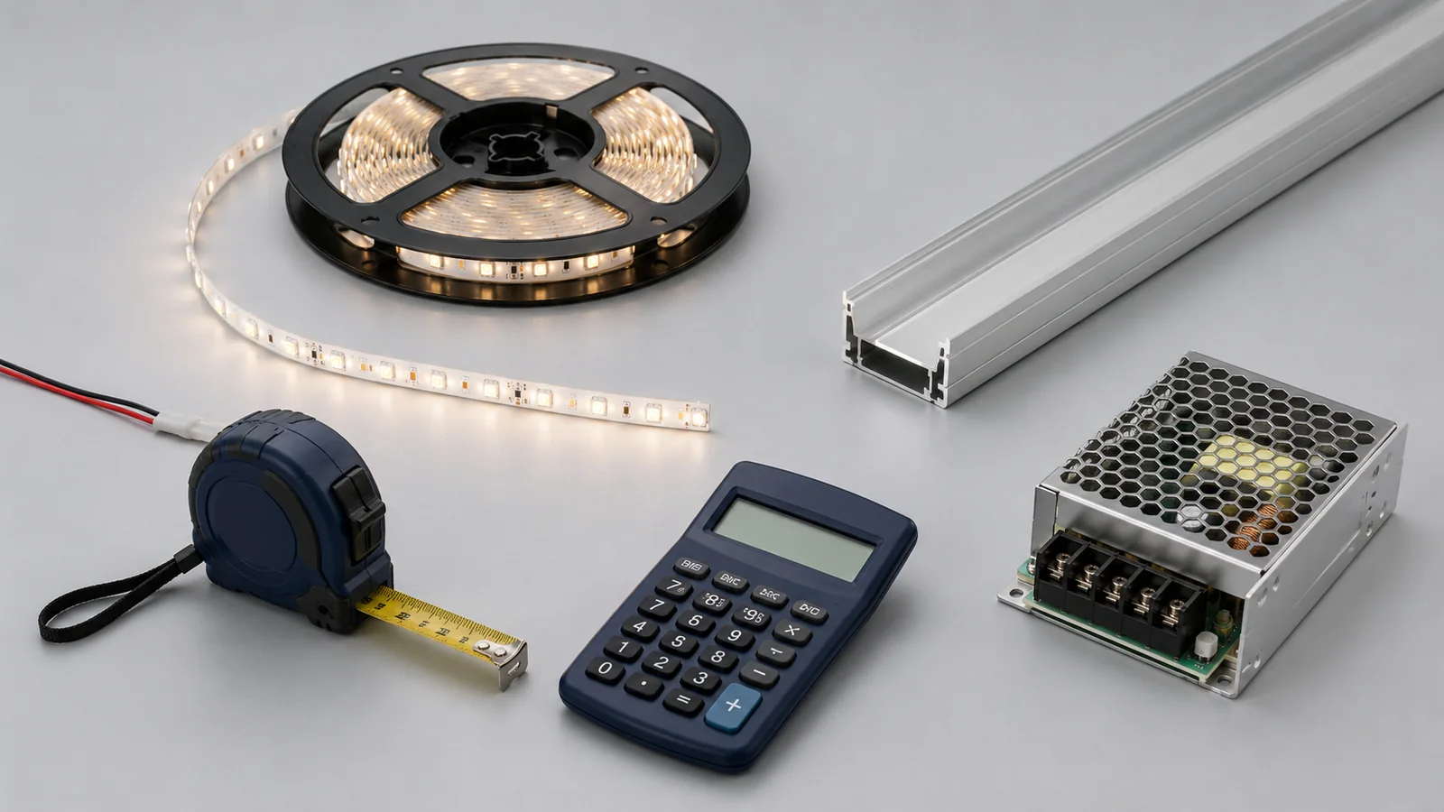 LED dây, thanh nhôm, nguồn DC, thước đo và máy tính dùng để tính công suất nguồn