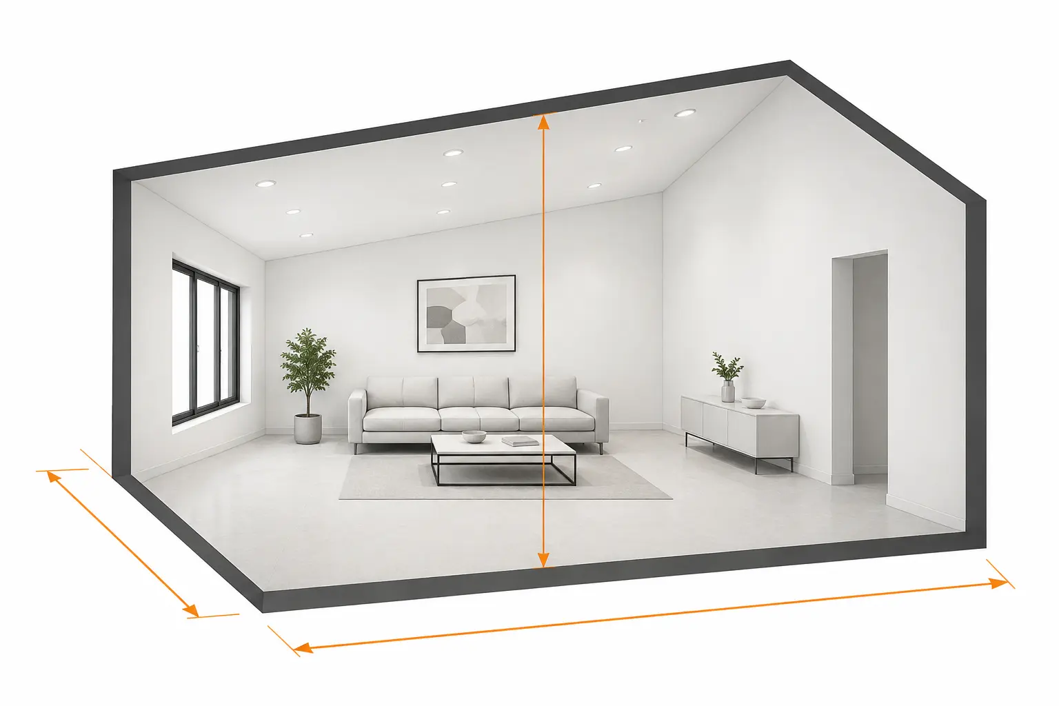 Các kích thước phòng cần nhập khi tính số lượng đèn Minh họa chiều dài chiều rộng và chiều cao trần để tính số lượng đèn