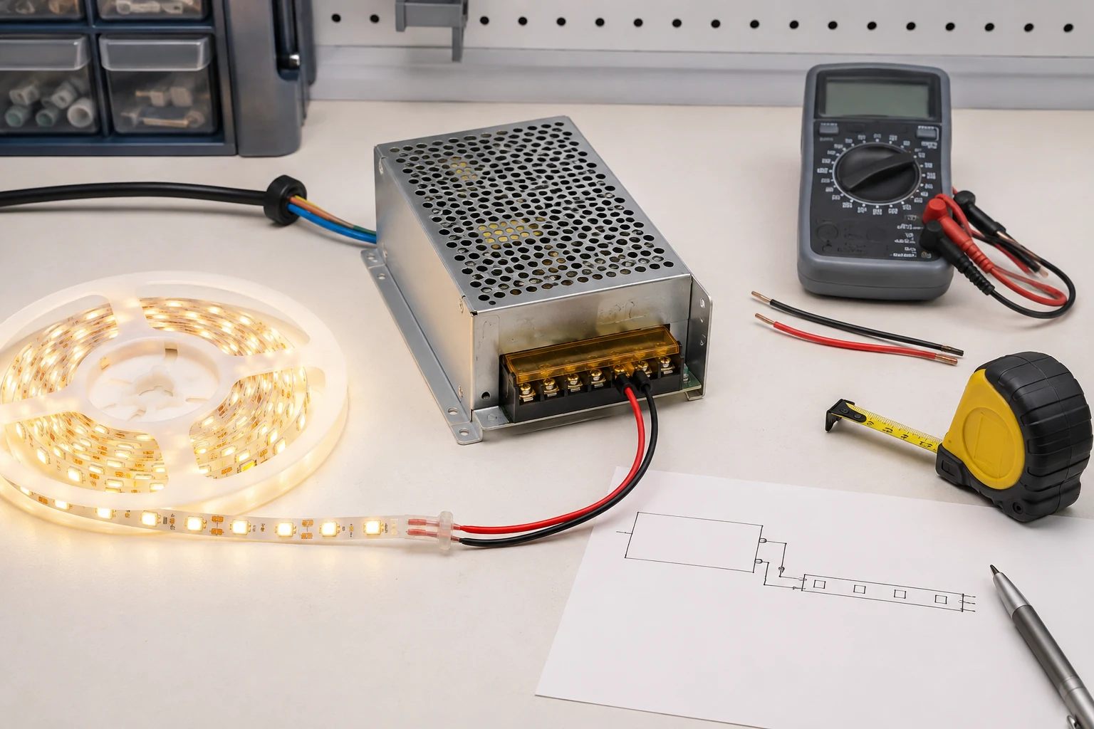 LED dây, nguồn tổ ong, đồng hồ đo và dây điện dùng để tính công suất nguồn LED