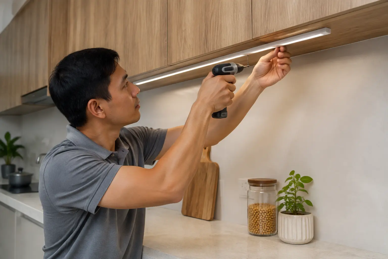 Tự lắp đèn thanh nhôm tủ bếp tại nhà bằng máy bắt vít cầm tay