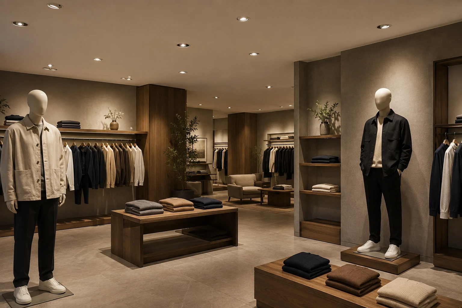 Đèn spotlight âm trần rọi mannequin, kệ và sản phẩm trong showroom thời trang