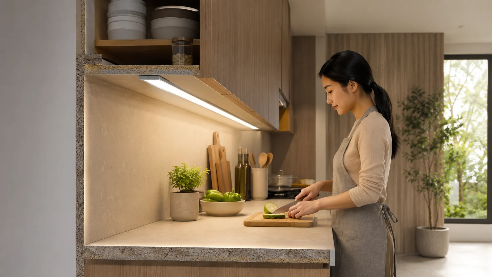 Mặt cắt tủ bếp minh họa vị trí thanh LED chiếu sáng khu vực thao tác mà không bị người đứng che