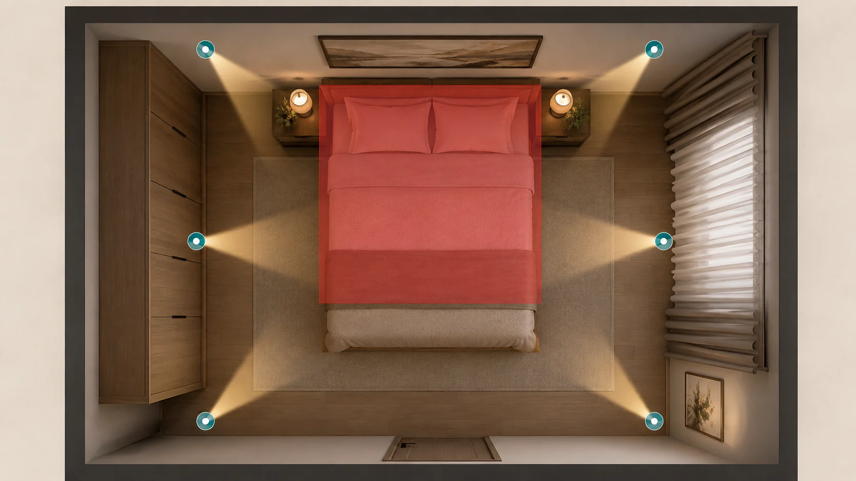 Sơ đồ vị trí lắp spotlight phòng ngủ tránh vùng giường