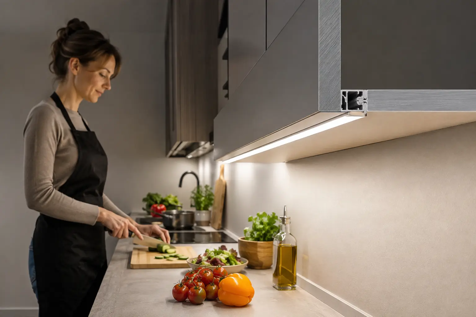 Vị trí lắp thanh nhôm LED dưới tủ bếp chiếu sáng mặt bàn